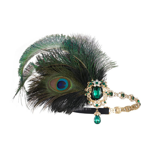 Green 1920s Gatsby Accessories Set – Peacock Feather Headband, Pearl Necklace, Gloves, Earrings, Bracelet