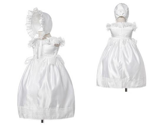 Baby Girl Long Satin Christening Gown – Lace Trim Princess Dress