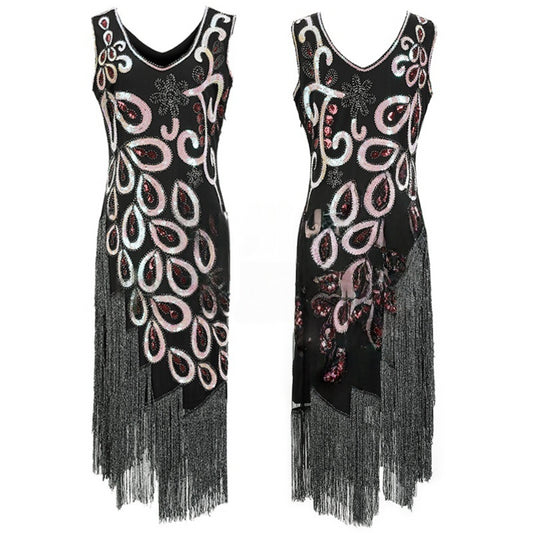 Black 1920s Sequin Flapper Dress with Peacock Fringe and 4 Pieces Accessories – Headband, Necklace, Gloves, Earrings, Cigarette Holder