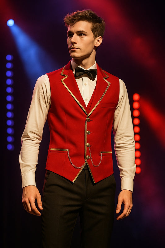 Men’s Fashion Chain Suit Vest – Stage Costume Waistcoat with Gold Trim Buttons