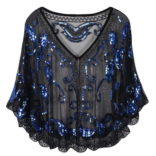 Sequin Lace Cape Shawl – Vintage Gatsby Evening Cloak Overlay for Women