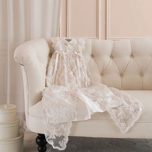 Luxury 3PCS Baby Girl Christening Gown – Long Lace Baptism Dress