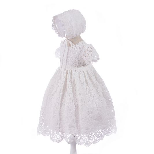 White lace dress with bonnet on a white background for Baptism, Full Month, Birthday – Infant Formal Outfit