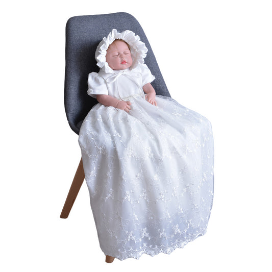 Long Lace Baby Girl Baptism Christening Dress Set – Ivory or White Princess Gown with Bonnet