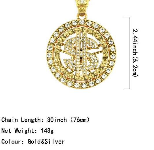 Fake Gold Chain Dollar Sign Necklace, Hip hop Long Chain Necklace Jewelry for Rapper Disco