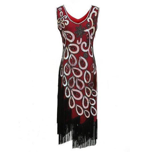 Red 1920s Sequin Flapper Dress with Peacock Fringe and 5 Pieces Accessories – Headband, Necklace, Gloves, Earrings, Cigarette Holder
