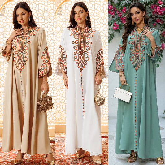 Women's Embroidered Arab Kaftan Dress Modest Islamic Abaya Maxi Robe | MEEJOY