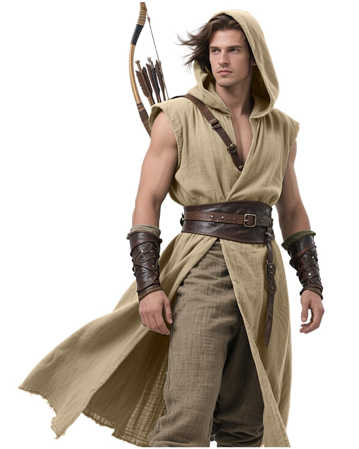 Men’s Medieval Hooded Sleeveless Coat Viking Renaissance Robe LARP Cosplay Tunic