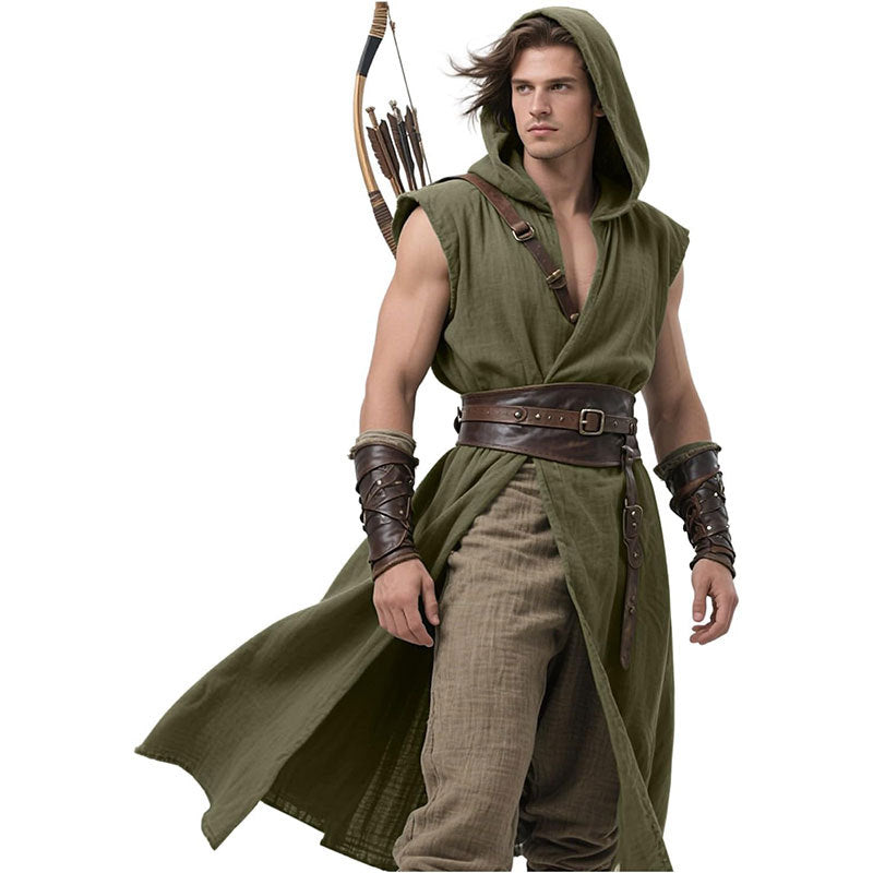 Men’s Medieval Hooded Sleeveless Coat Viking Renaissance Robe LARP Cosplay Tunic
