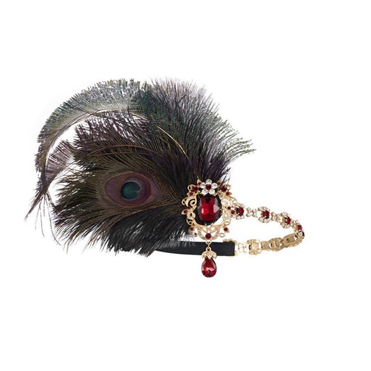 Red 1920s Gatsby Accessories Set – Peacock Feather Headband, Pearl Necklace, Gloves, Earrings, Bracelet