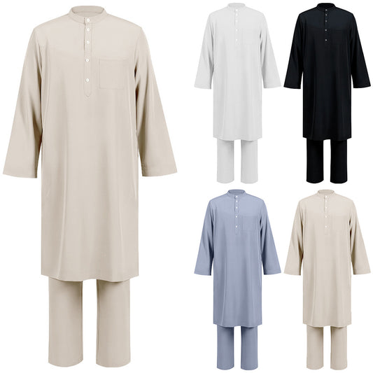 Men's Islamic Thobe Jubba Kandura Set with Sirwal Pants – Traditional Middle Eastern Muslim Robe Outfit Bisht