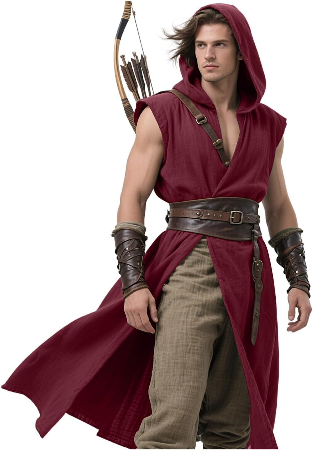 Men’s Medieval Hooded Sleeveless Coat Viking Renaissance Robe LARP Cosplay Tunic