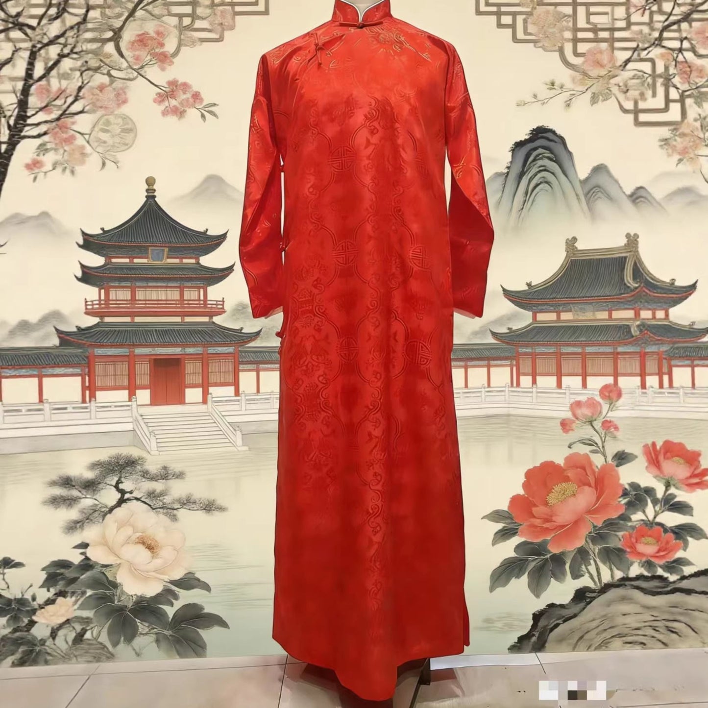 Mens Chinese Changshan Long Gown Groomsman Wedding Host Performance Robe