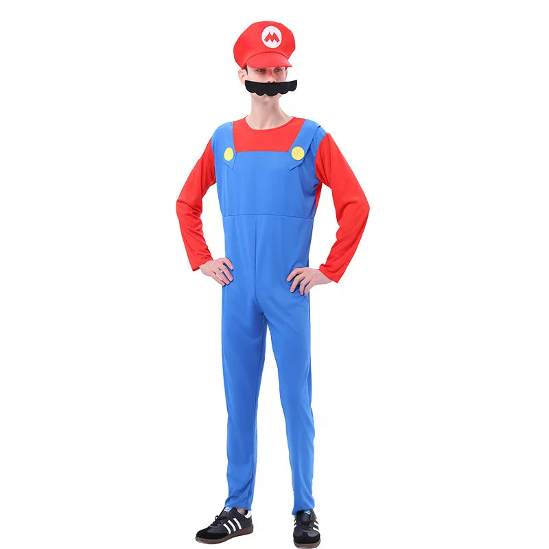 Family Bros Costume Set Adults Kids Game Theme Jumpsuit Hat Mustache
