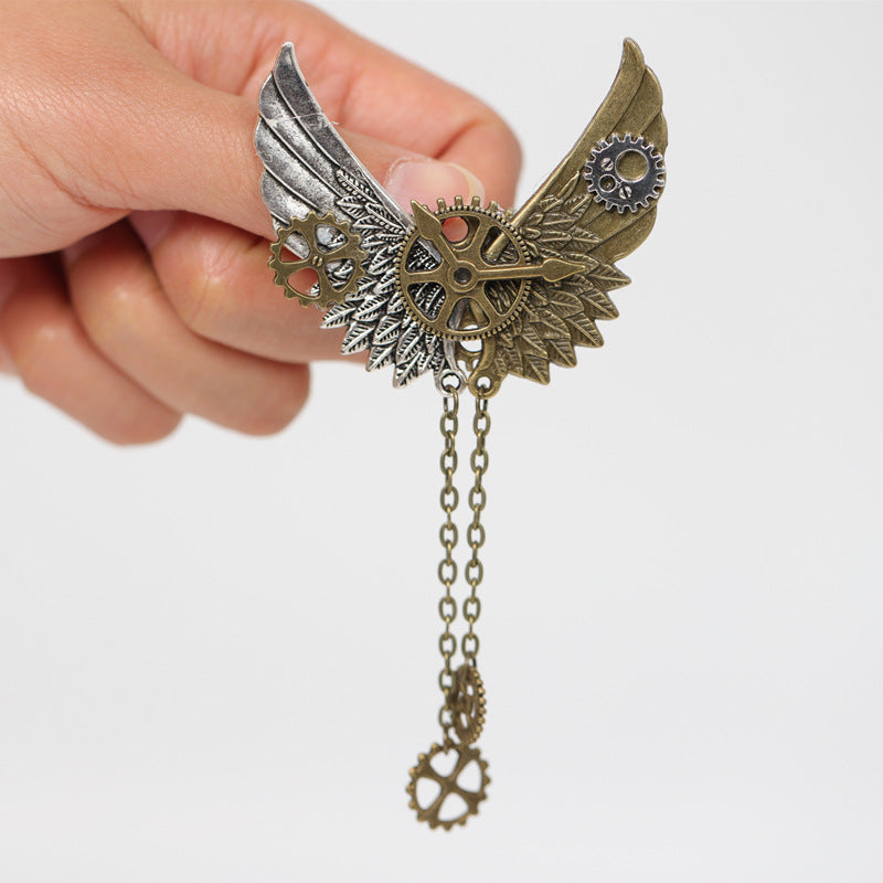 Steampunk Mechanical Wing Brooch Gear Clock Chain Jacket Lapel Pin