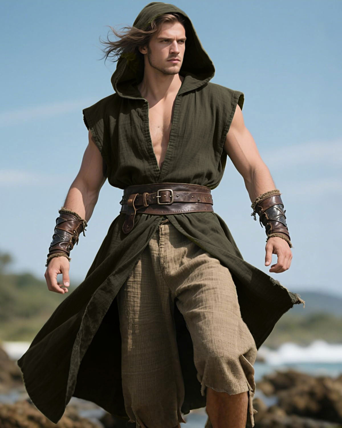 Men’s Medieval Hooded Sleeveless Coat Viking Renaissance Robe LARP Cosplay Tunic