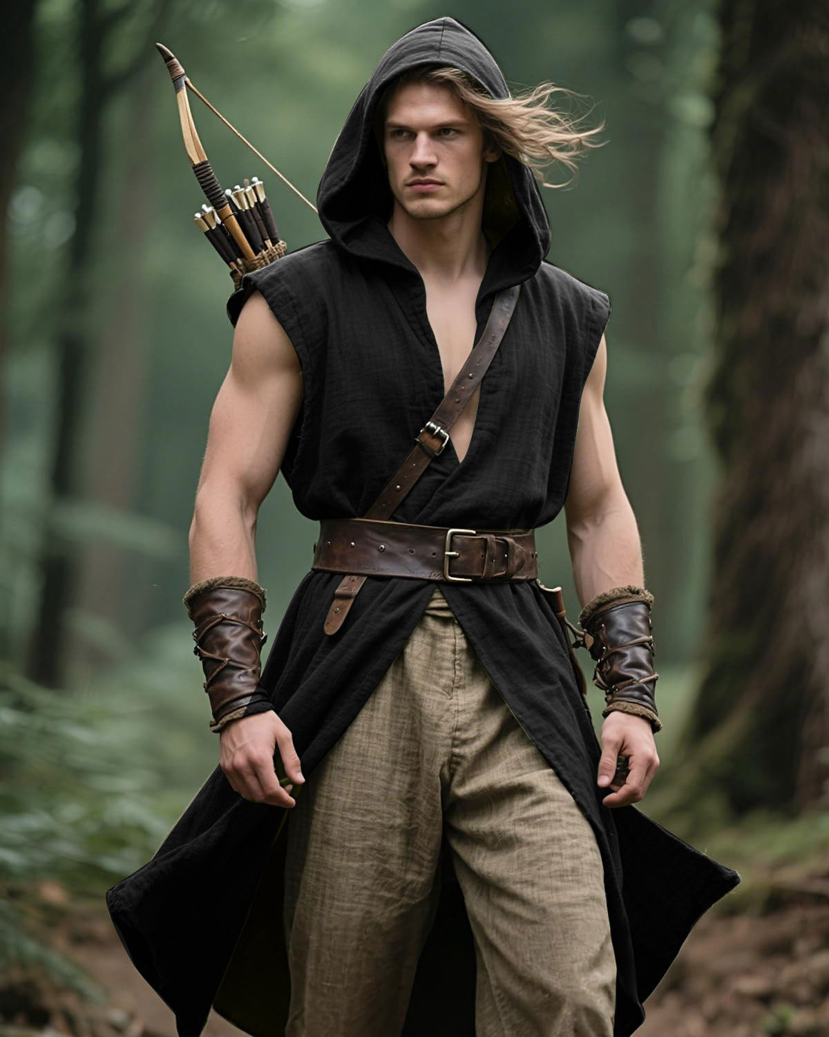Men’s Medieval Hooded Sleeveless Coat Viking Renaissance Robe LARP Cosplay Tunic
