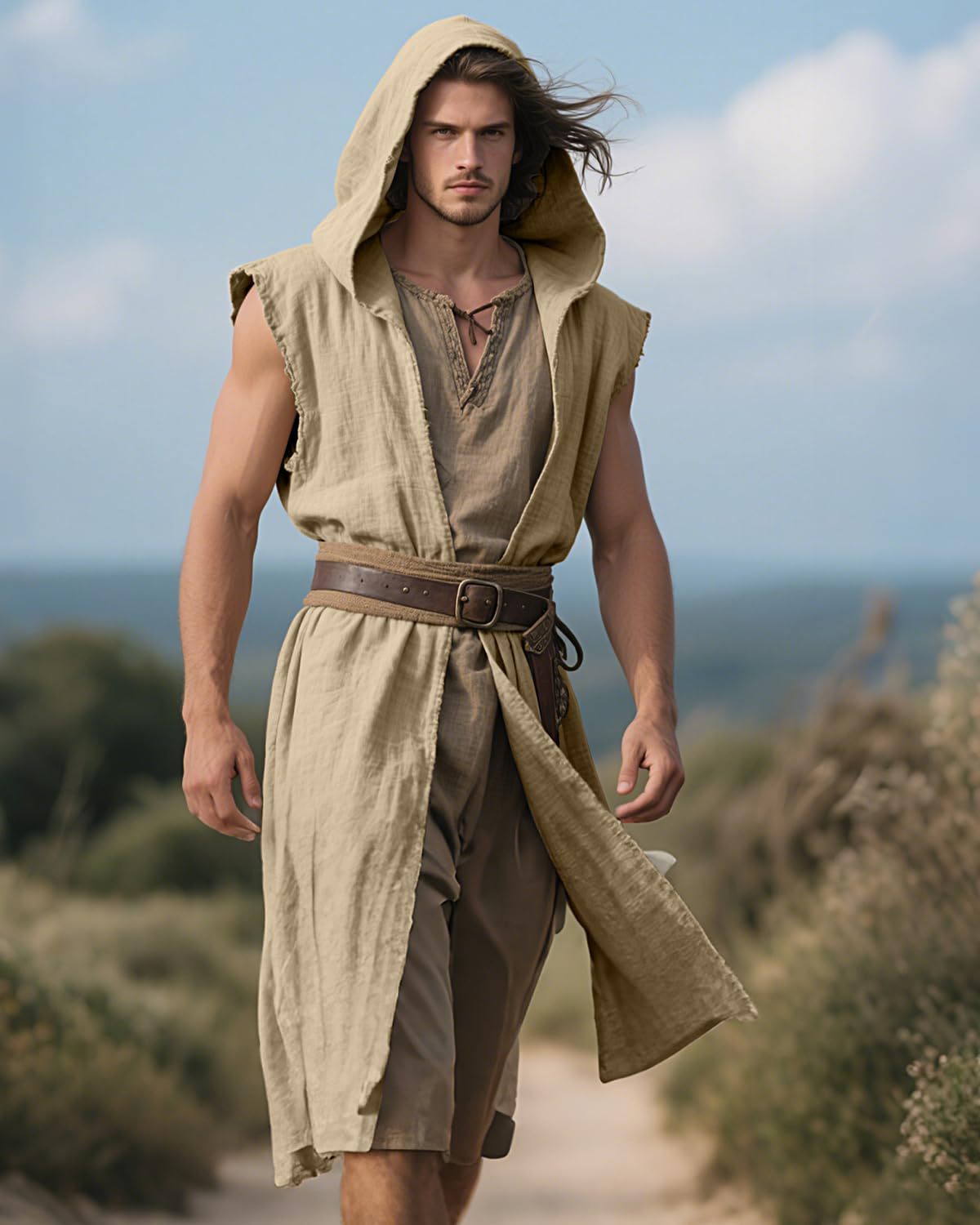 Men’s Medieval Hooded Sleeveless Coat Viking Renaissance Robe LARP Cosplay Tunic