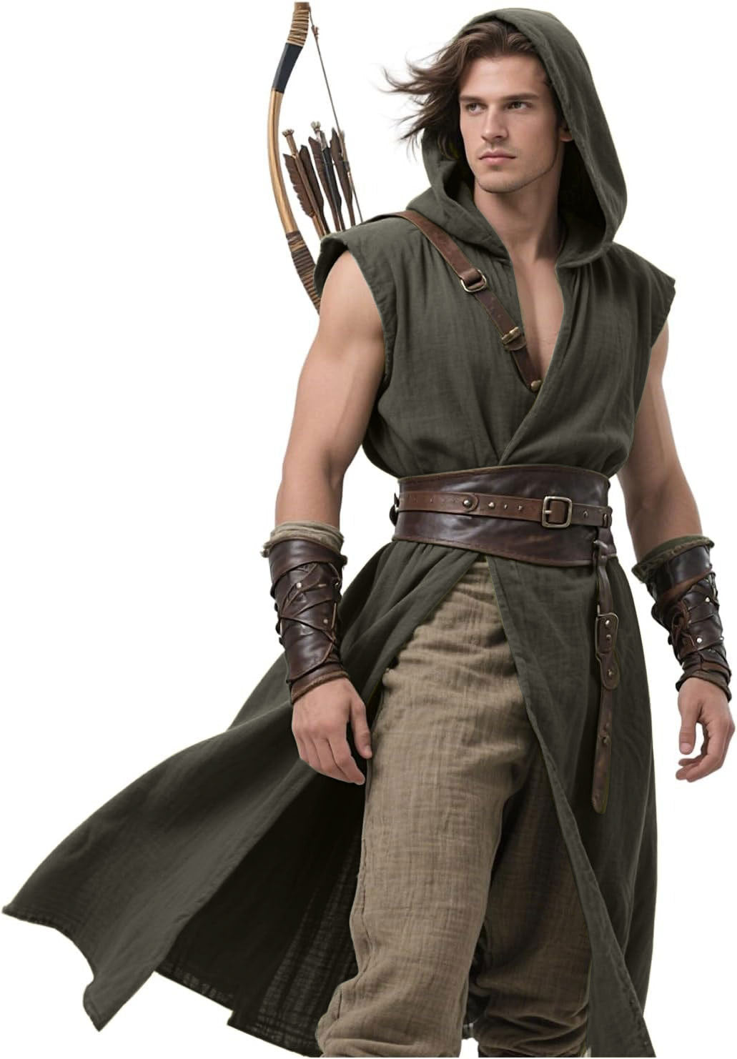 Men’s Medieval Hooded Sleeveless Coat Viking Renaissance Robe LARP Cosplay Tunic