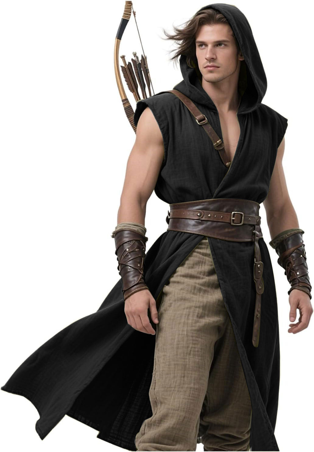 Men’s Medieval Hooded Sleeveless Coat Viking Renaissance Robe LARP Cosplay Tunic