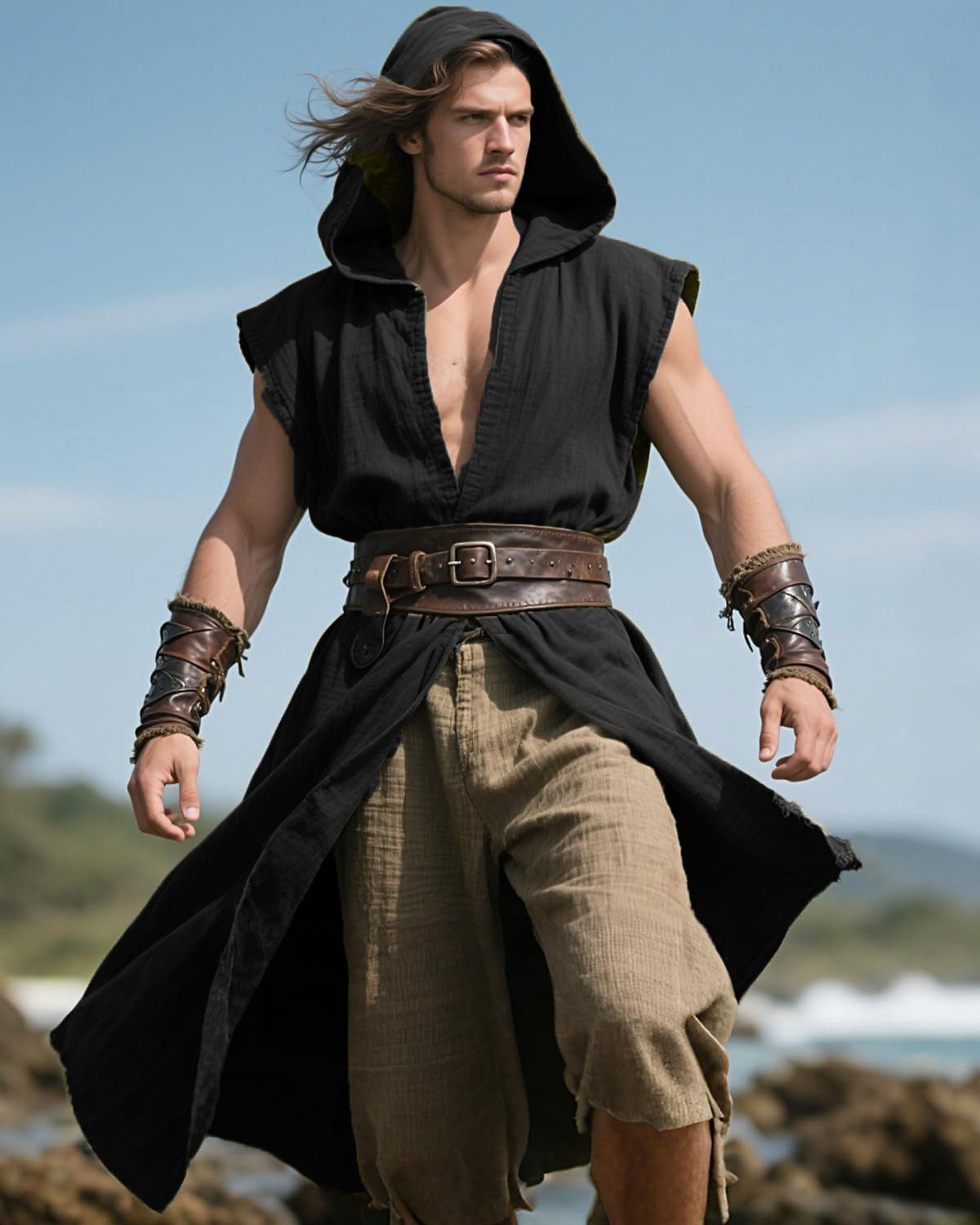 Men’s Medieval Hooded Sleeveless Coat Viking Renaissance Robe LARP Cosplay Tunic