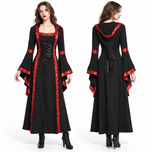 Women's Gothic Medieval Hooded Dress – Lace-Up Witch Fantasy Costume