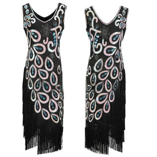 Green 1920s Sequin Flapper Dress with Peacock Fringe and 5 Pieces Accessories – Headband, Necklace, Gloves, Earrings, Cigarette Holder