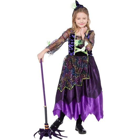 Girls Witch Costume Halloween Party Fancy Dress Kids Wizard Queen Cosplay Outfit