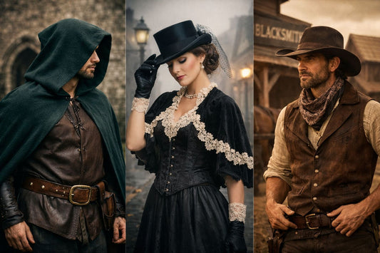 Triptych hero image showing medieval/renaissance, Victorian, and gold rush/old west costume styles for Australia and USA events by meejoy costumes