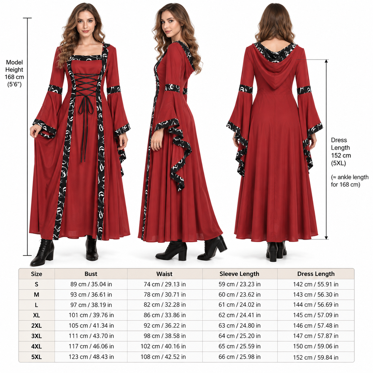 Women's Gothic Medieval Hooded Dress – Lace-Up Witch Fantasy Costume