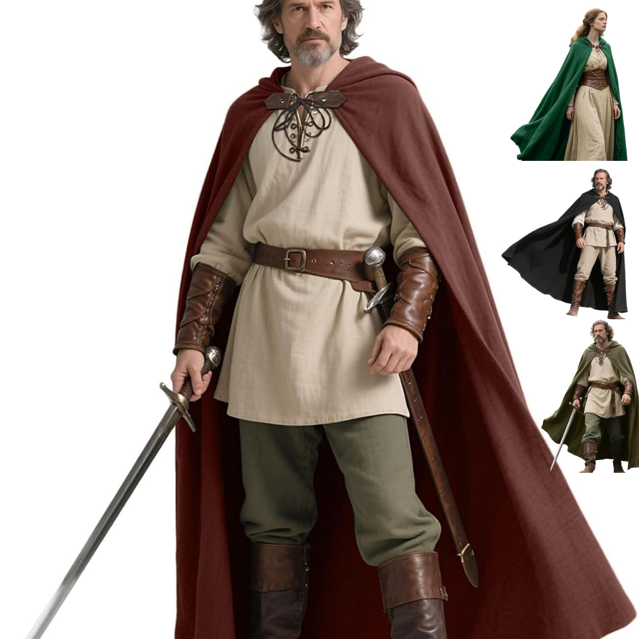 Medieval Ranger Cape Hooded Cloak Linen Shawl LARP Halloween Costume