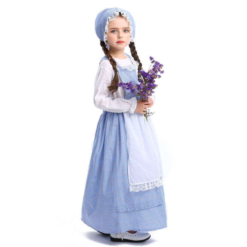 Kids Colonial Farm Girl Costume Blue Check Dress Apron Bonnet Outfit Dress