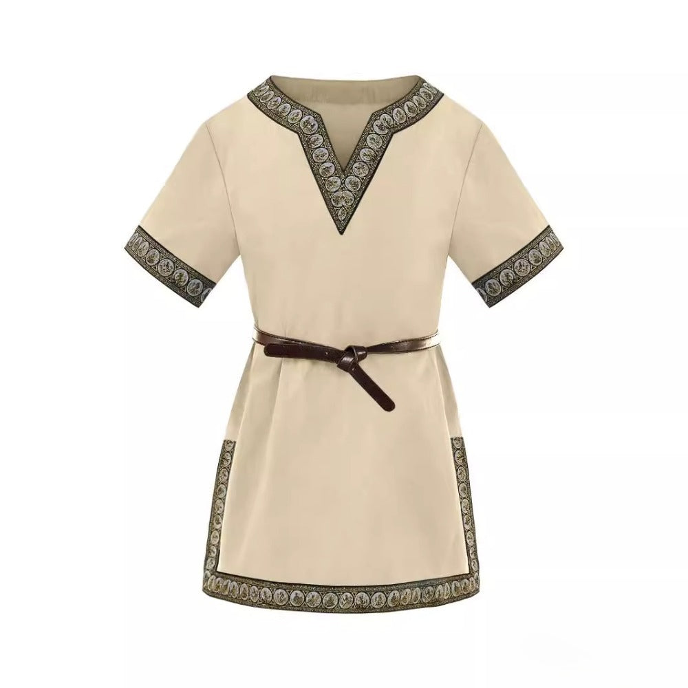 Kids Medieval Viking Tunic Shirt Renaissance Costume Top Retro V-Neck Outfit