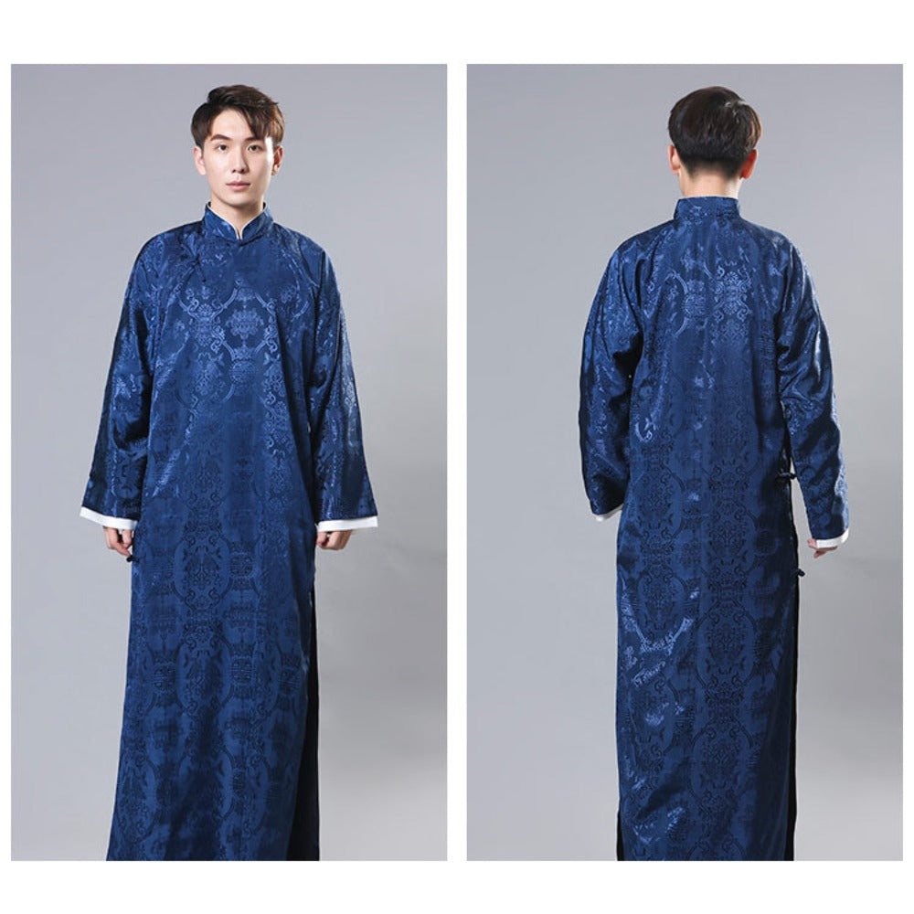 Mens Chinese Changshan Long Gown Groomsman Wedding Host Performance Robe