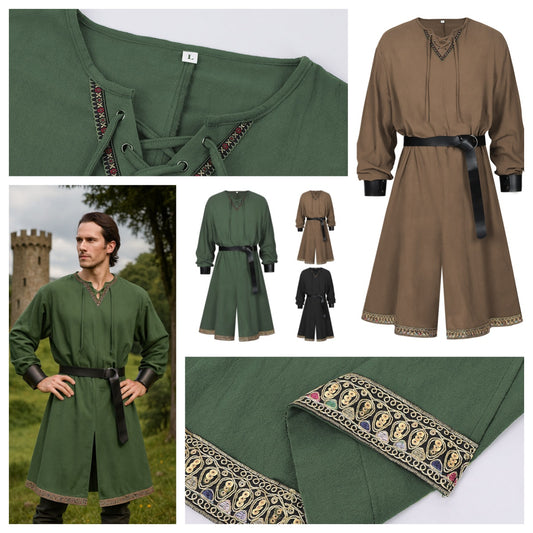 Men’s Medieval Viking Tunic Renaissance Costume Robe with Belt LARP Cosplay Outfit