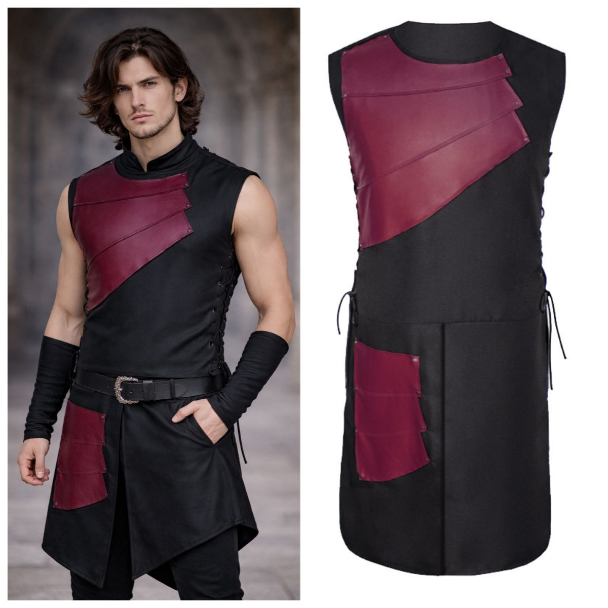 Mens Renaissance Knight Vest Sleeveless Lace Up Medieval Cosplay Tunic