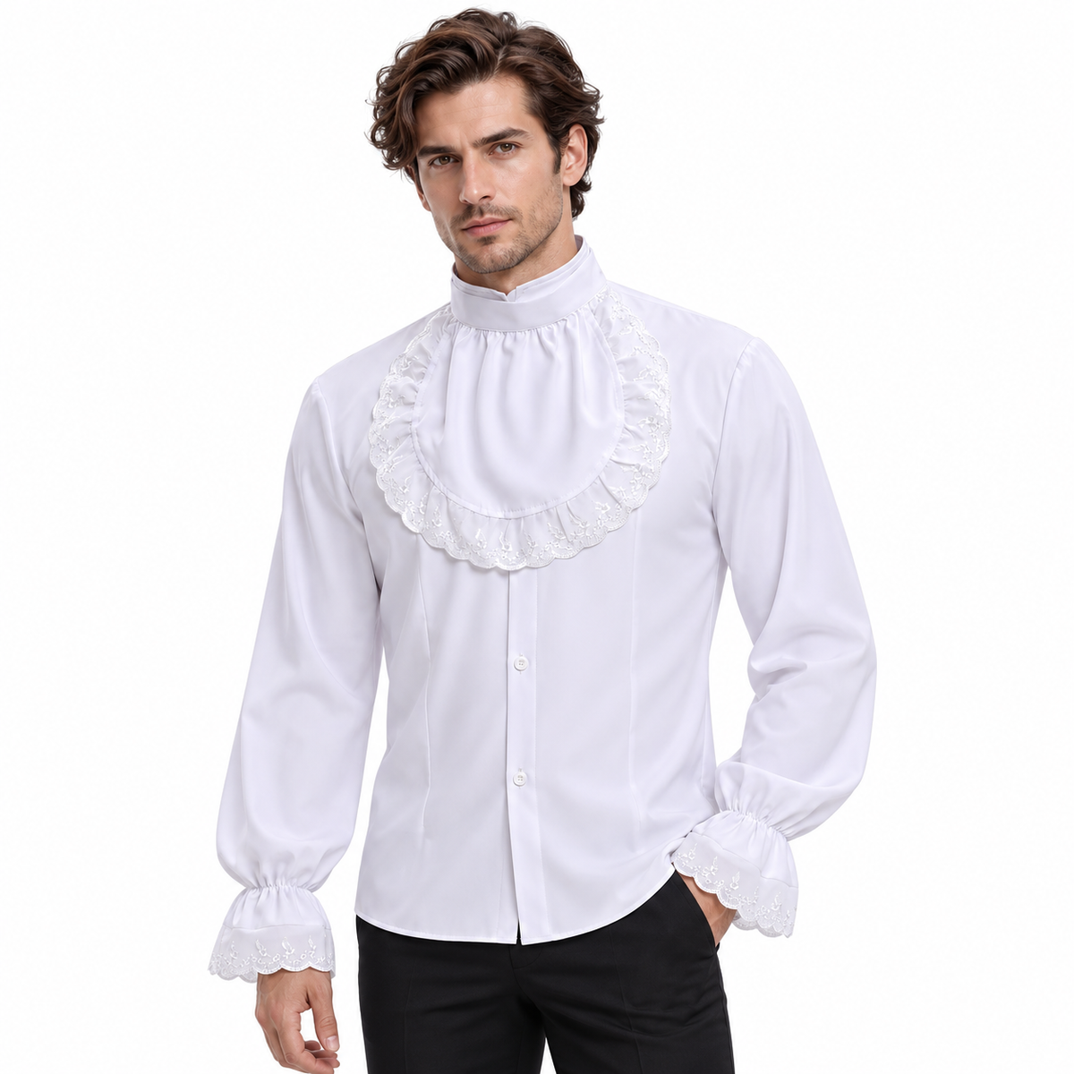 Men's Victorian Gothic Ruffle Shirt – Detachable Lace Jabot Set MEEJOY COSTUMES