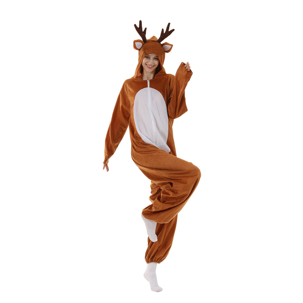 Christmas Reindeer Onesie Costume for Adults Funny Elk Pajamas Couple Family Outfit