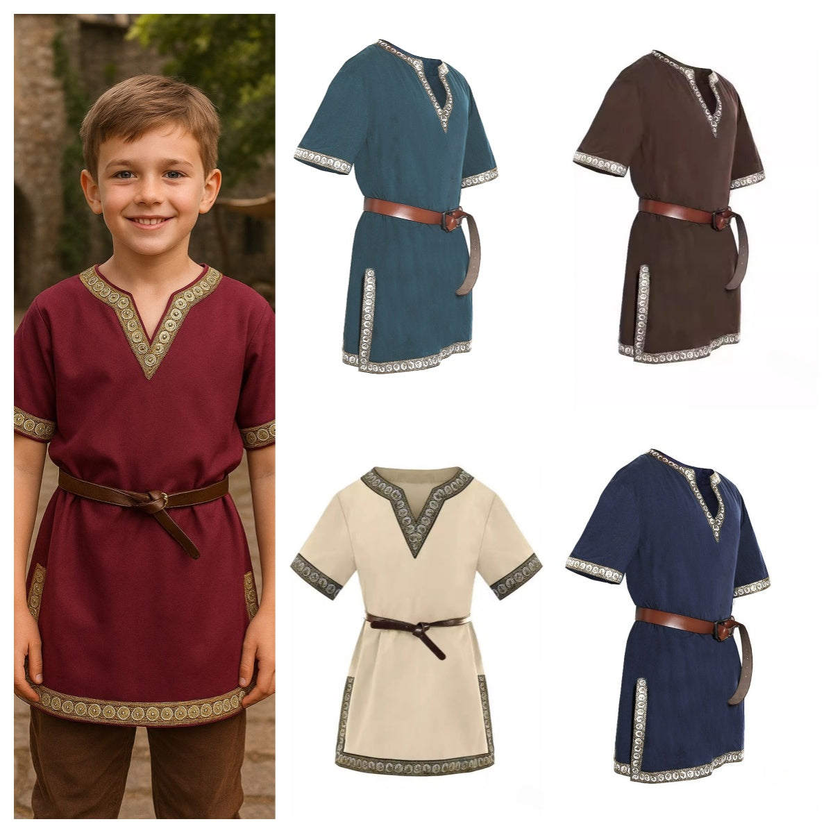 Kids Medieval Viking Tunic Shirt Renaissance Costume Top Retro V-Neck Outfit