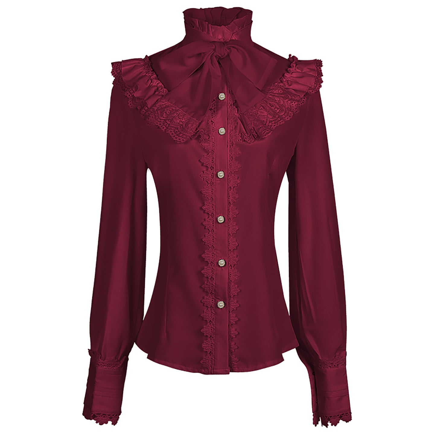 Victorian Era Shirt Women's Gothic Shirt Vintage Long Sleeve Lotus Pleated Top Black/White/Wine Red