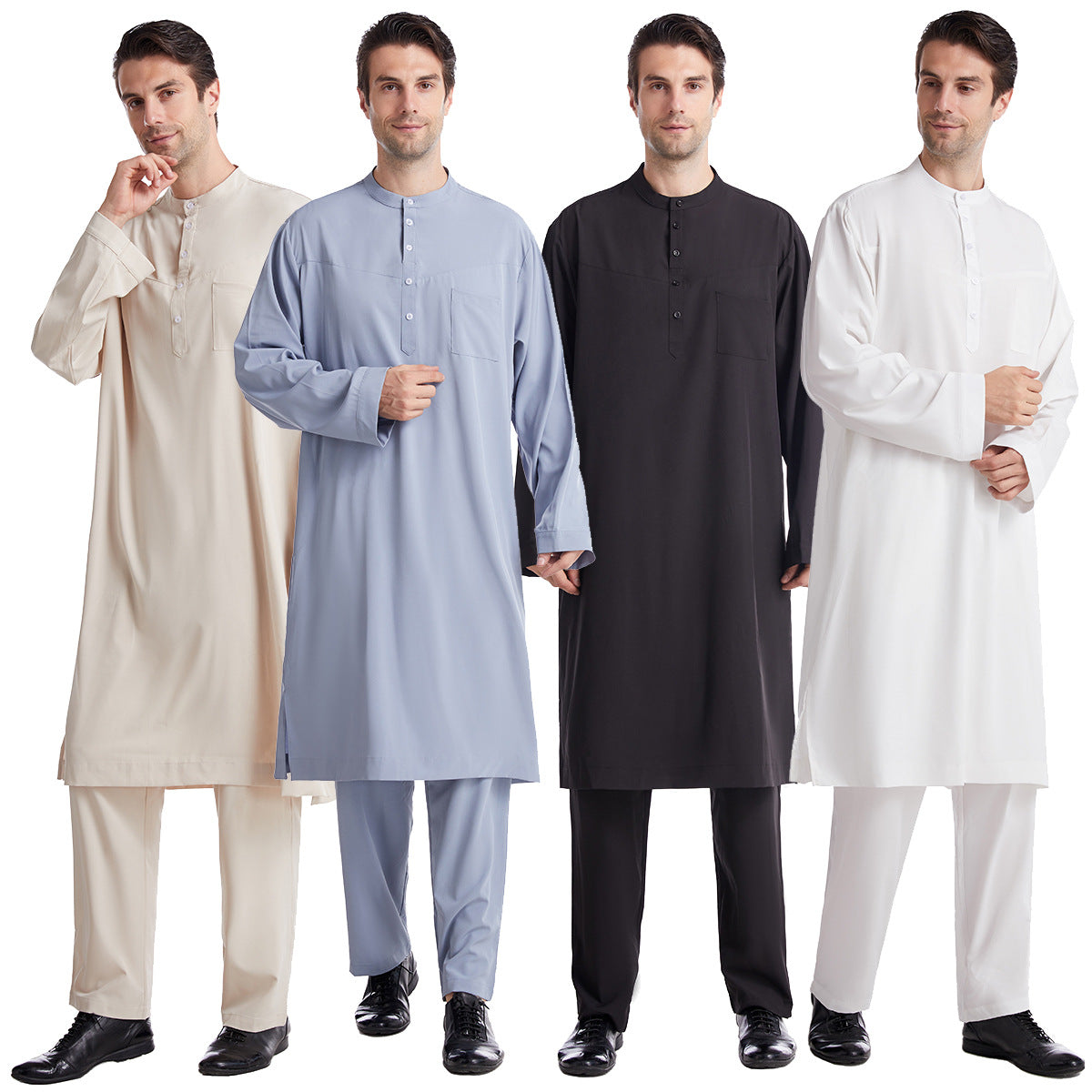 Men's Islamic Thobe Jubba Kandura Set with Sirwal Pants – Traditional Middle Eastern Muslim Robe Outfit Bisht
