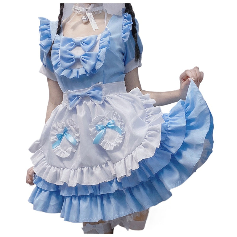 Japanese Anime Sexy Cream Sweetheart Maid Dress & Blue Pure Lolita Dress Full Set