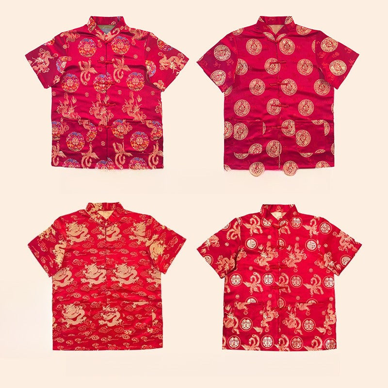 Chinese Traditional Red Tang Suit Top Mens Kung Fu Wedding Banquet Shirt