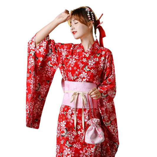Japanese Women Kimono Robe – Cotton Yukata with Gold Foil Print, Traditional Home Loungewear