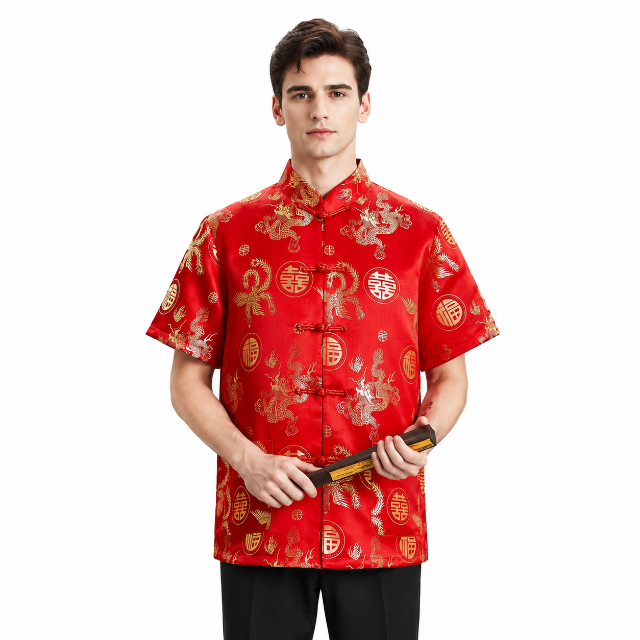 Chinese Traditional Red Tang Suit Top Mens Kung Fu Wedding Banquet Shirt