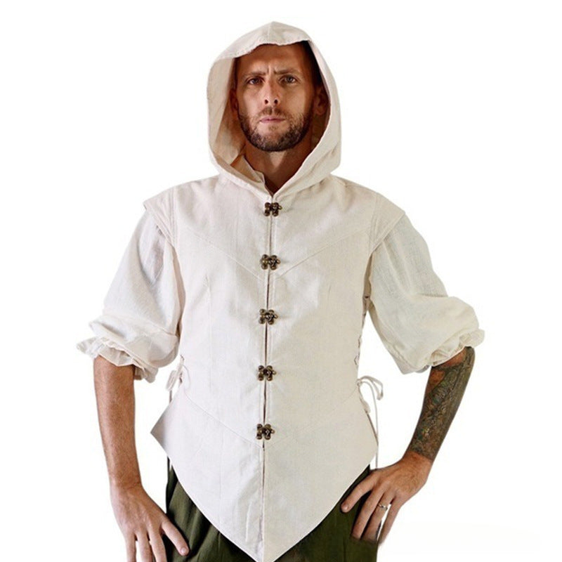 Men's Linen Shirt Medieval Solid Slim Fit 3/4 Sleeve Hooded T-shirt Shirt Retro Vintage Metal Buttons