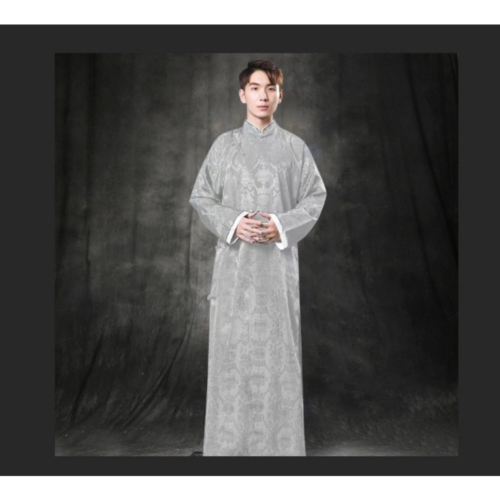 Mens Chinese Changshan Long Gown Groomsman Wedding Host Performance Robe