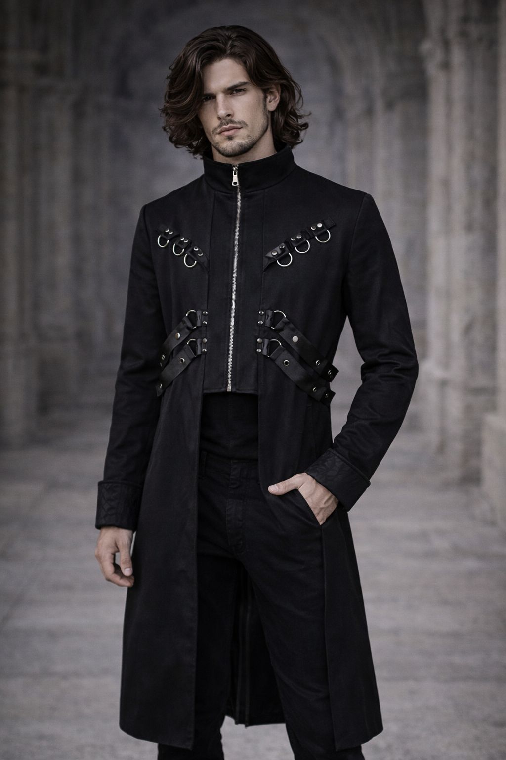 Mens Gothic Steampunk Long Trench Coat Victorian Medieval Cosplay Jacket Black