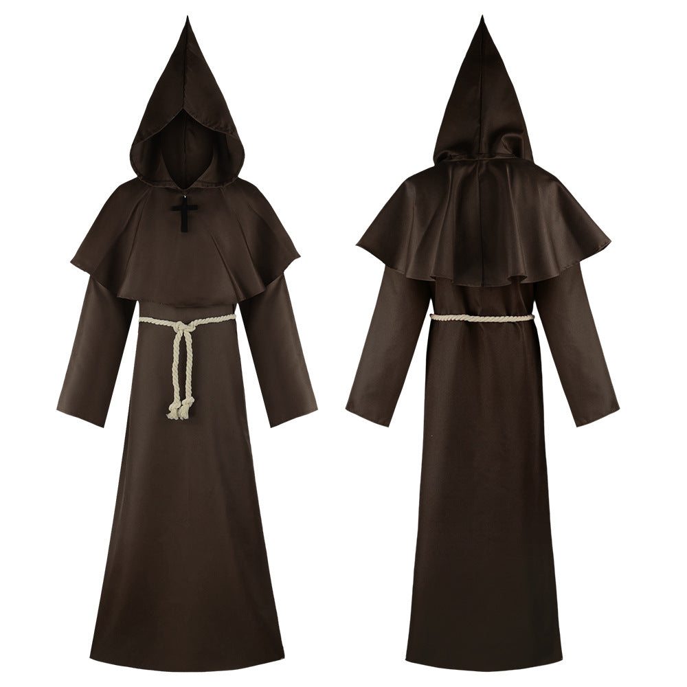 Men Medieval Friar Hooded Robe Monk Cross Necklace Renaissance Halloween Costume