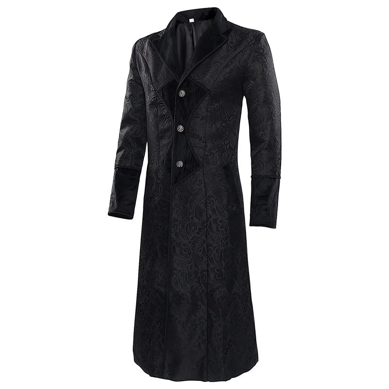 Men Trench Coat Gothic Long Jacket Solid Color Stylish Steampunk Retro Uniform Stand Collar Outfit